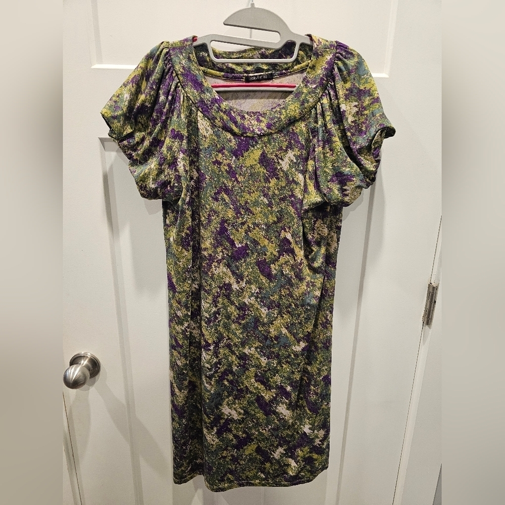 Daisy Fuentes Abstract Print Dress Large Chive Combo Green Purple Short Sleeve